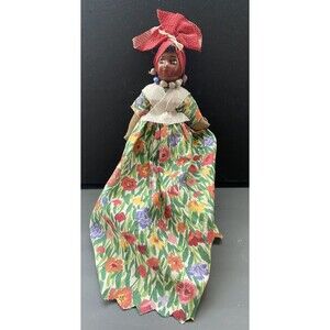 African Caribbean Doll Cloth Ragdoll Handmade Folk Art Seed Necklace Colorful 9"